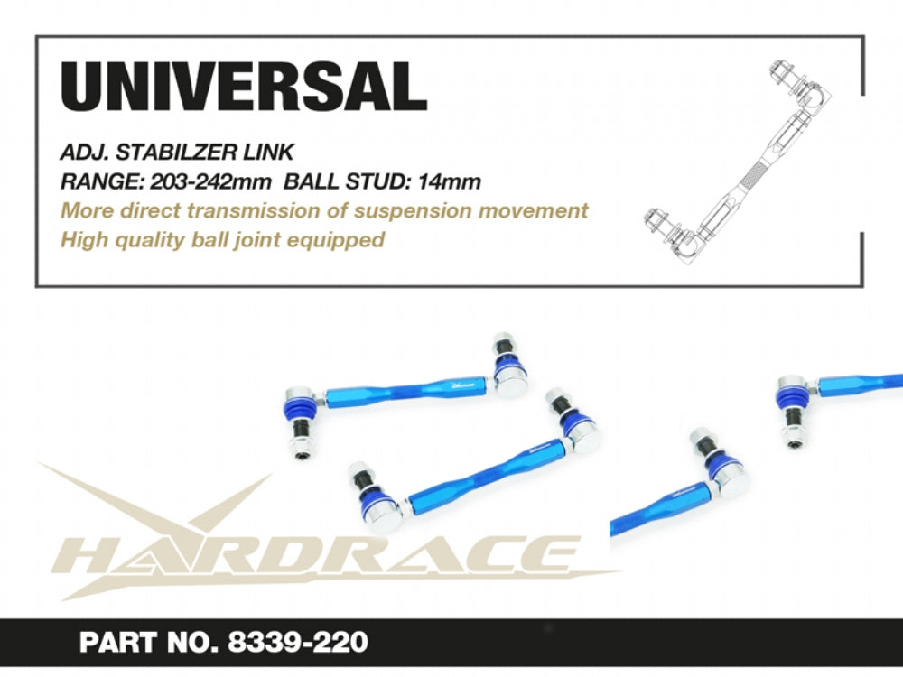 HARDRACE UNIVERSAL ADJ. STABILIZER LINK - 2PCS/SET RANGE: 203-242mm 14mm STUD ROD END HardRace