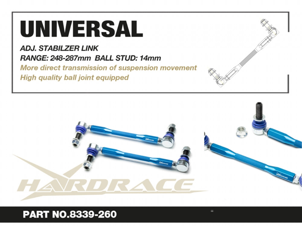 HARDRACE UNIVERSAL ADJ. STABILIZER LINK - 2PCS/SET RANGE: 245-285mm 14mm STUD ROD END HardRace