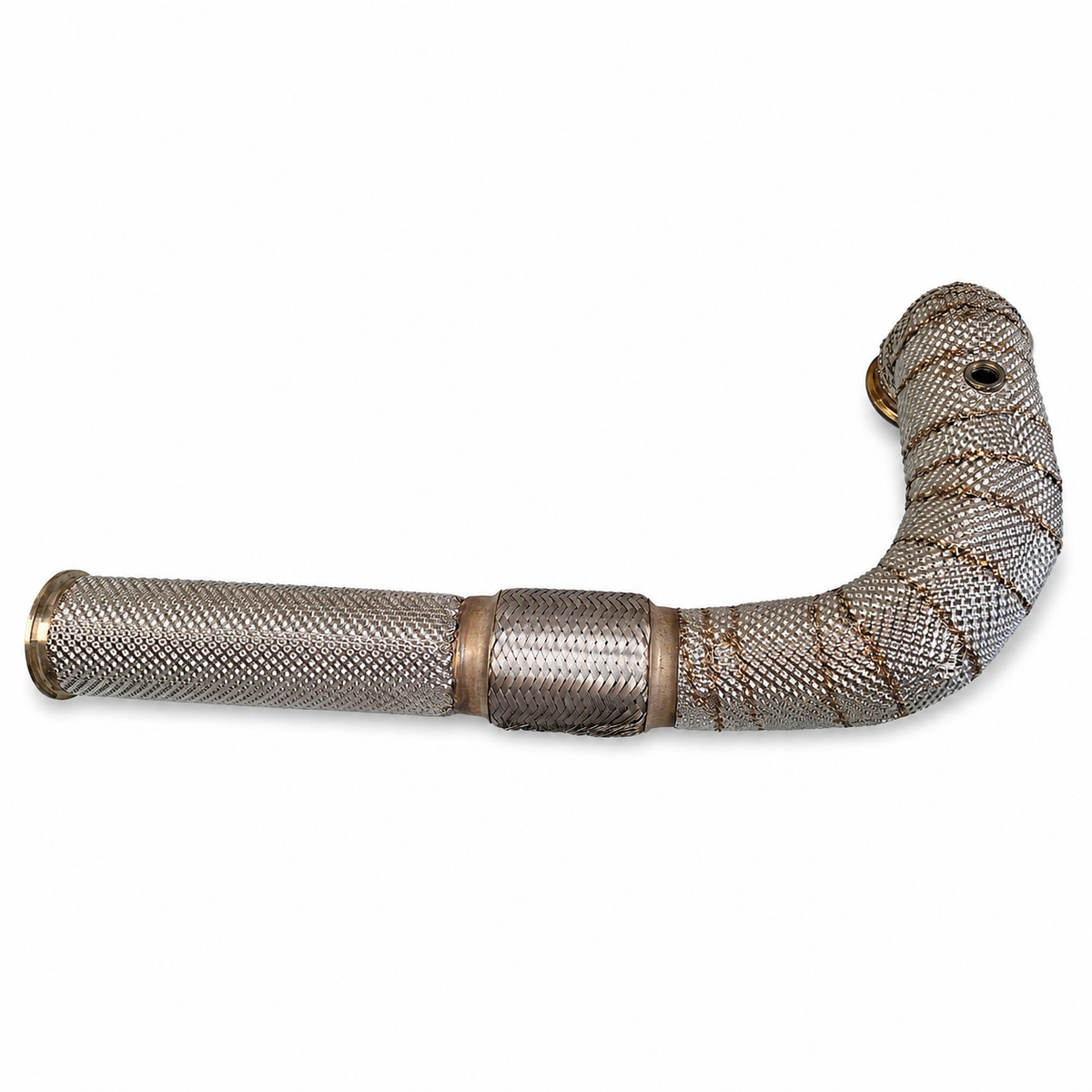 Complete downpipe and flex section protected with a custom fabricated stainless exhaust heat shield