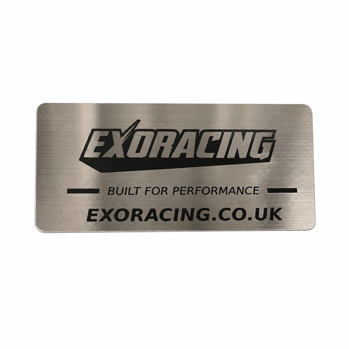 Brushed stainless steel Exoracing logo plate supplied with the weldable exhaust heat shield kit