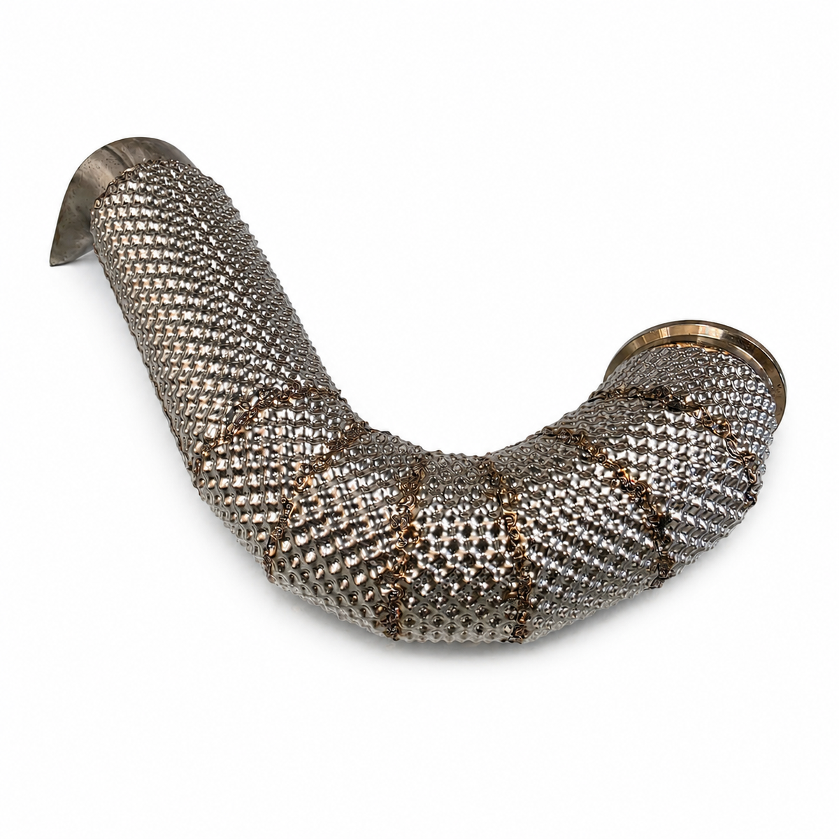 Finished custom exhaust section covered with embossed stainless steel heat shielding
