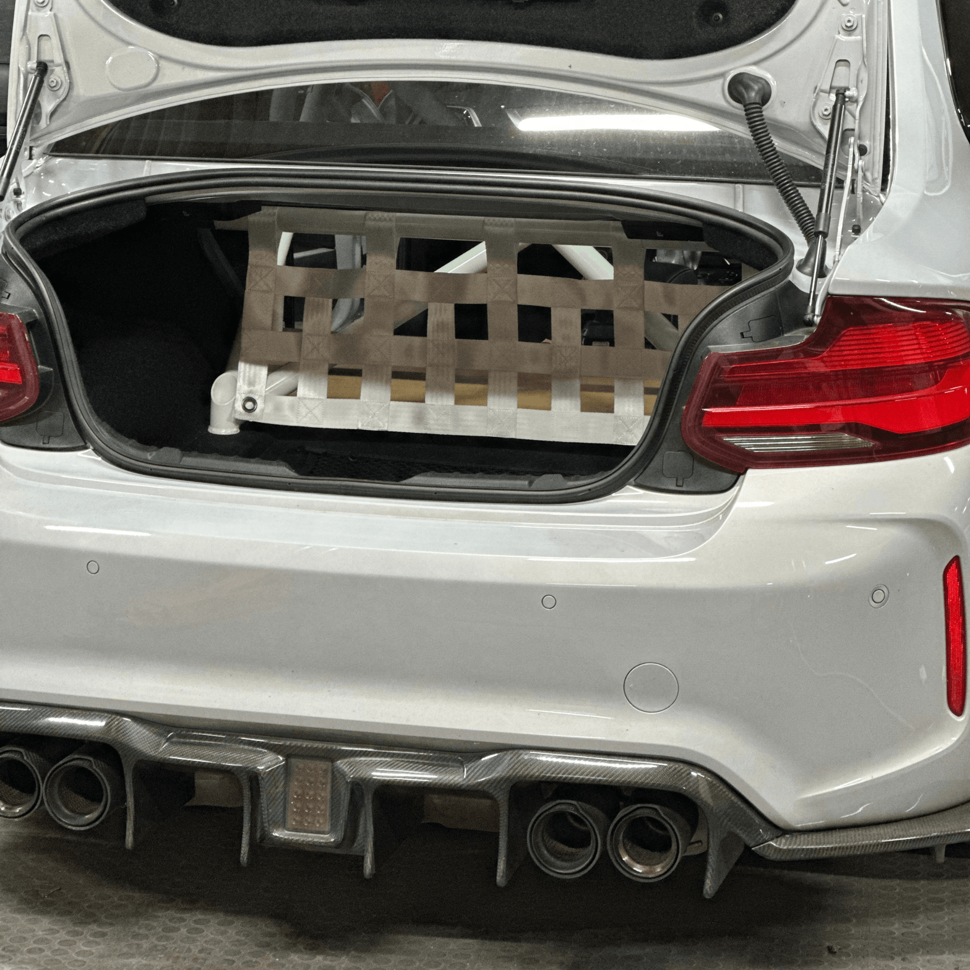 BMW 2 Series F22 F87 M235i M240i M2 Strut bar and Cargo net cargo-nets.co.uk