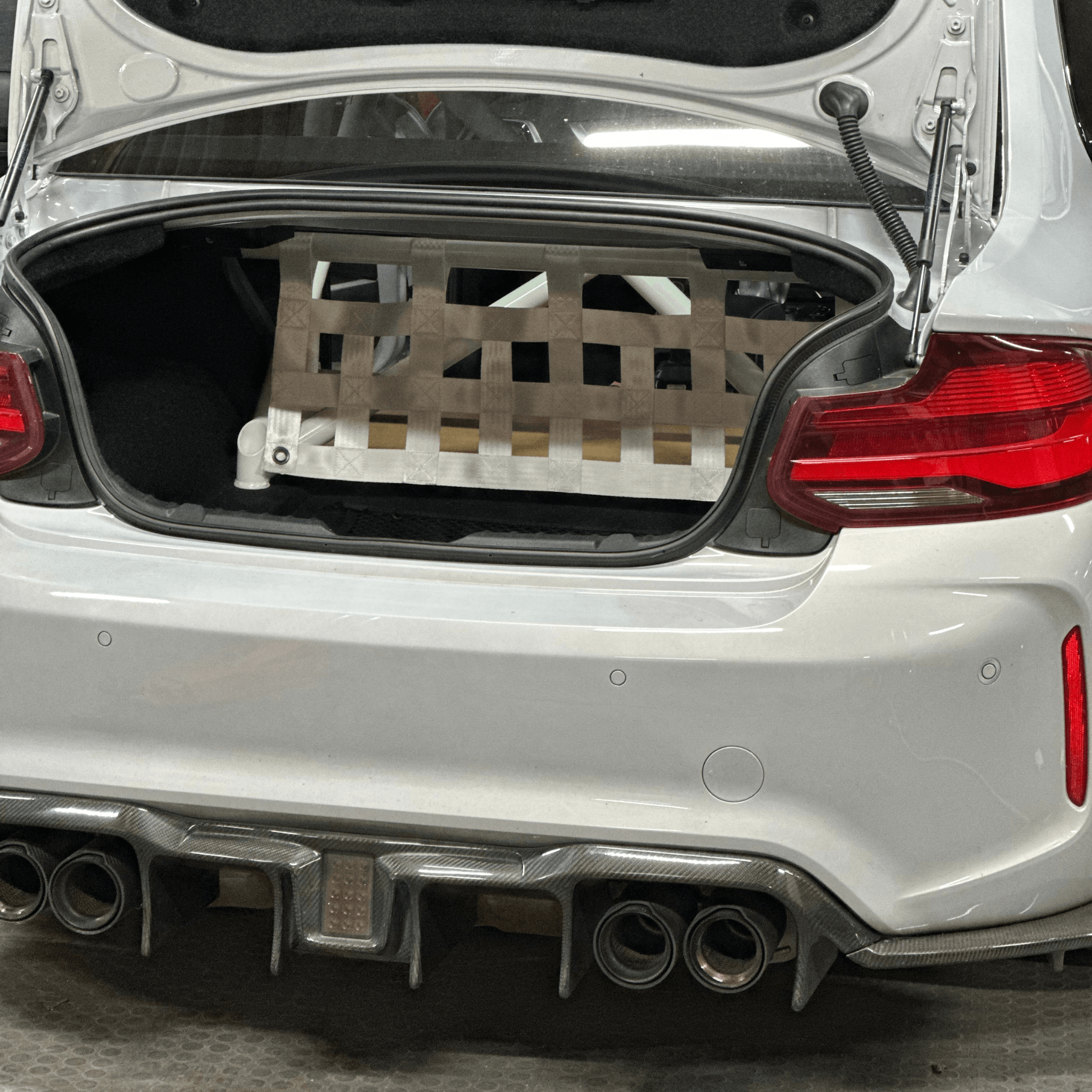 BMW 2 Series F22 F87 M235i M240i M2 Strut bar and Cargo net cargo-nets.co.uk