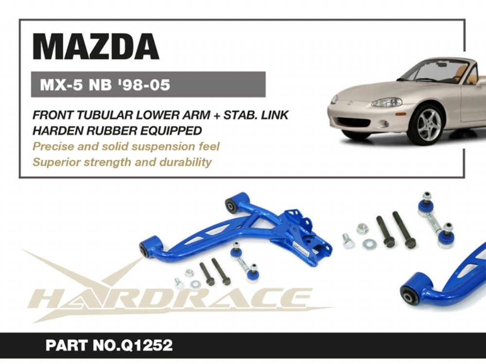 HARDRACE MAZDA MIATA/MX-5 98-05 FRONT TUBULAR LOWER ARM + STAB LINK HARDEN RUBBER 4PCS HardRace