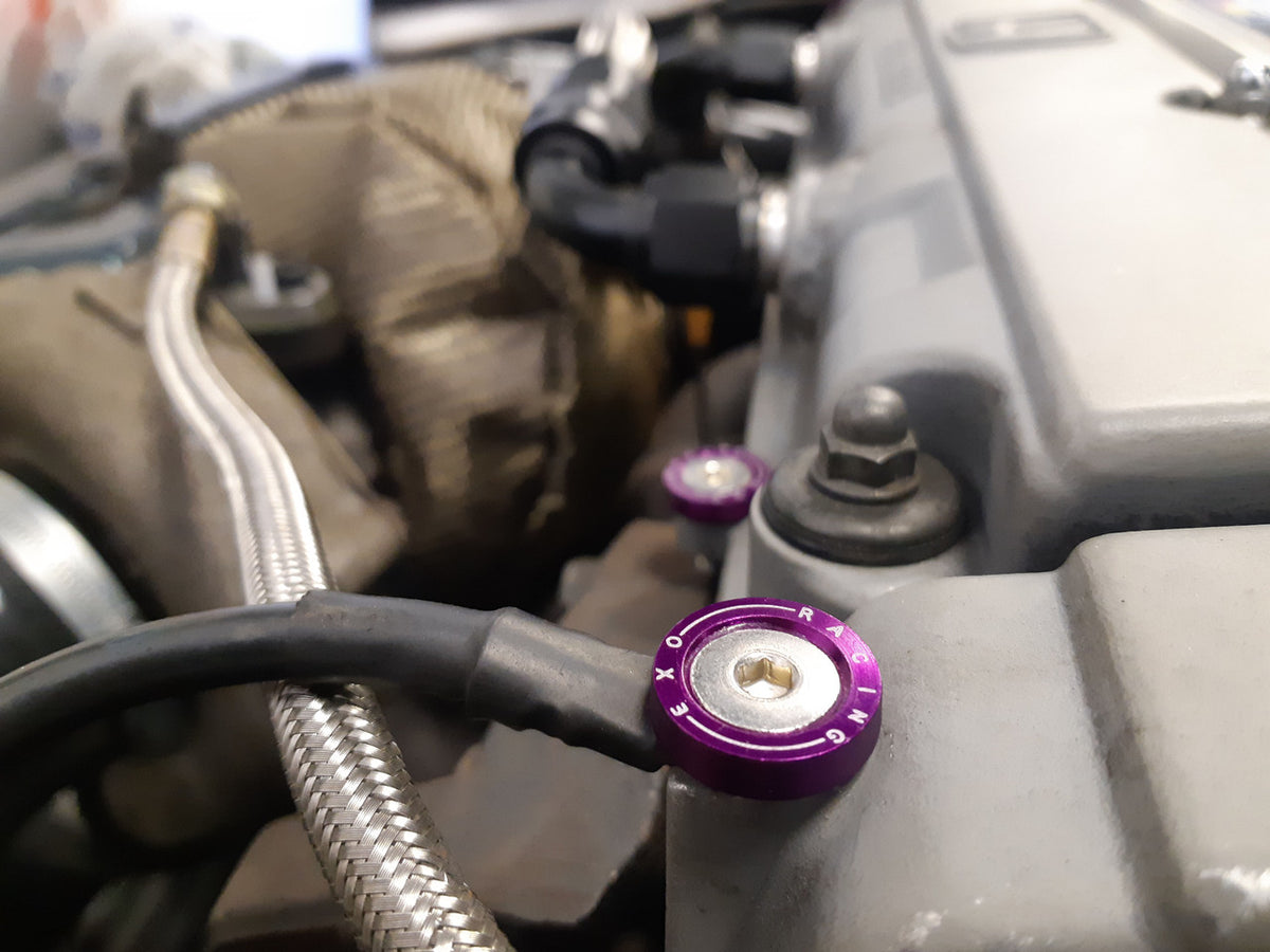 Rusty OEM engine bay bolts replaced with Exoracing dress up washers