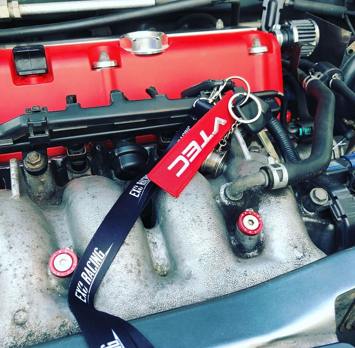 Countersunk M6 stainless bolt fitted into anodised Exoracing washer