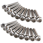 Exoracing titanium K-Series sump bolt kit with 18 Grade 5 titanium bolts laid out